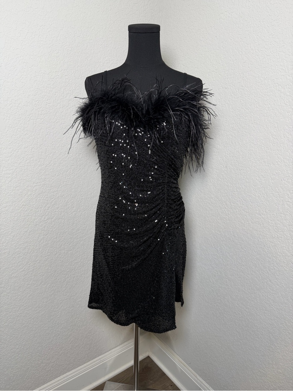 Gianni Bini Black Feather-Trim Sequin Mini Dress